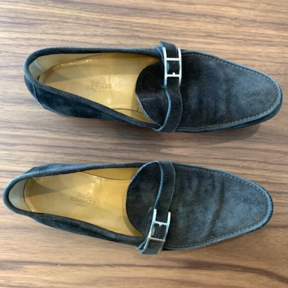 Hermes Black Suede Men\'s Loafers with Silver Buckle main image 6